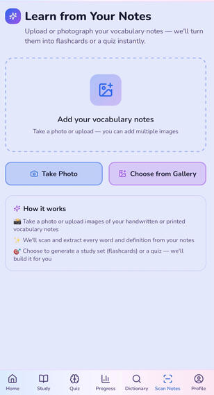 Scan your notes and create flashcards and quizzes in seconds.